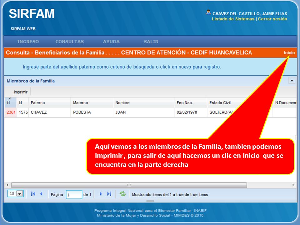 Aquí vemos a los miembros de la Familia, tambien podemos Imprimir , para salir de aquí hacemos un clic en Inicio que se encuentra en la parte derecha