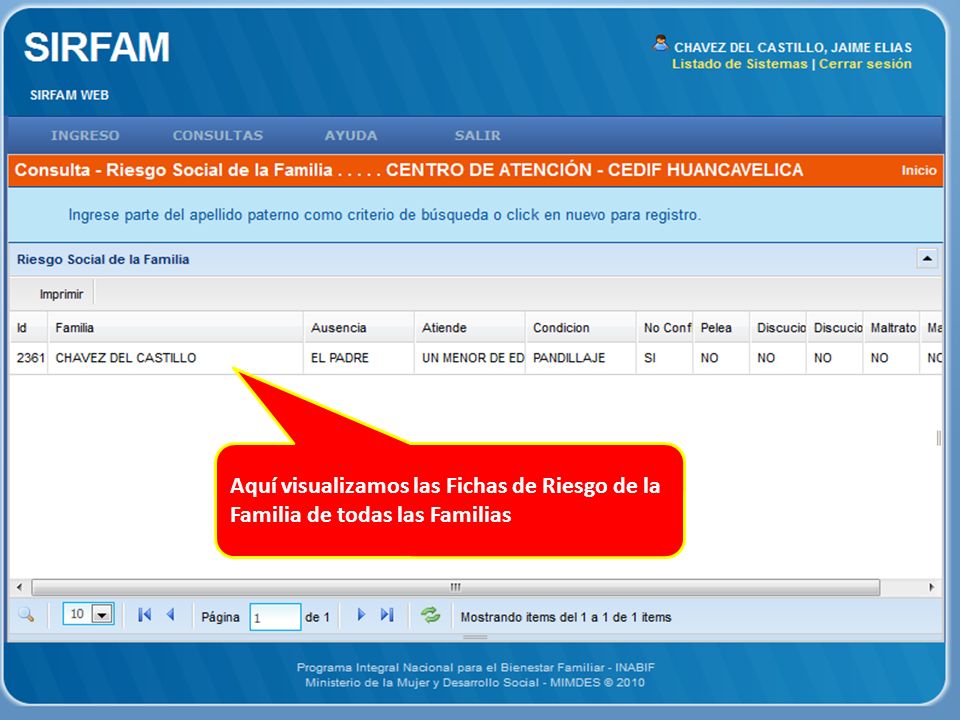 Aquí visualizamos las Fichas de Riesgo de la Familia de todas las Familias