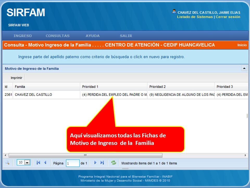 Aquí visualizamos todas las Fichas de Motivo de Ingreso de la Familia