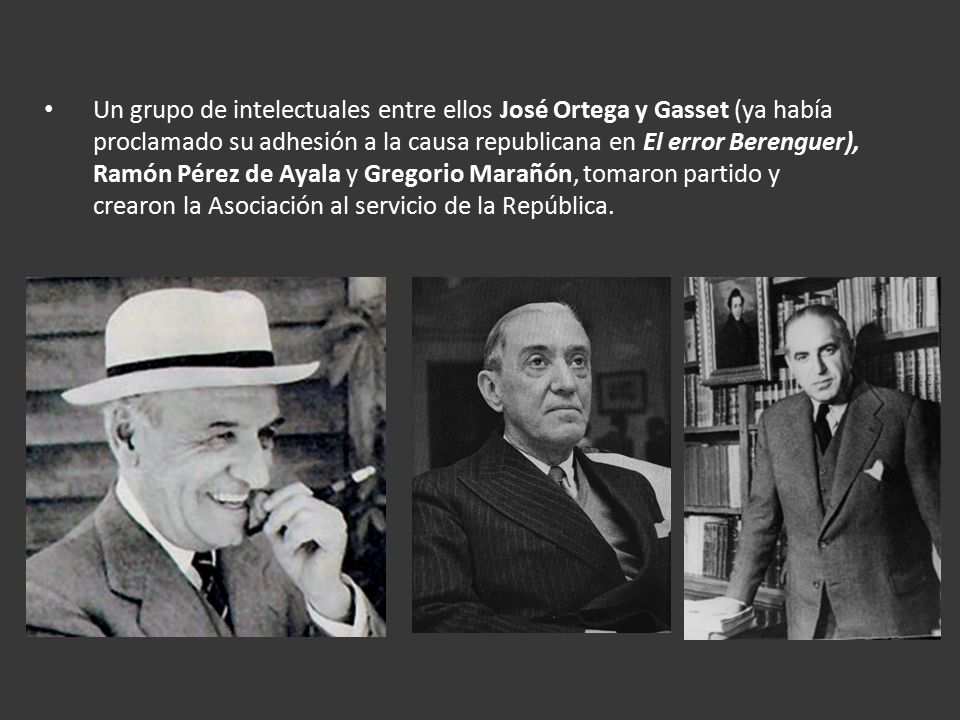 Un grupo de intelectuales entre ellos José Ortega y Gasset (ya había proclamado su adhesión a la causa republicana en El error Berenguer), Ramón Pérez de Ayala y Gregorio Marañón, tomaron partido y crearon la Asociación al servicio de la República.