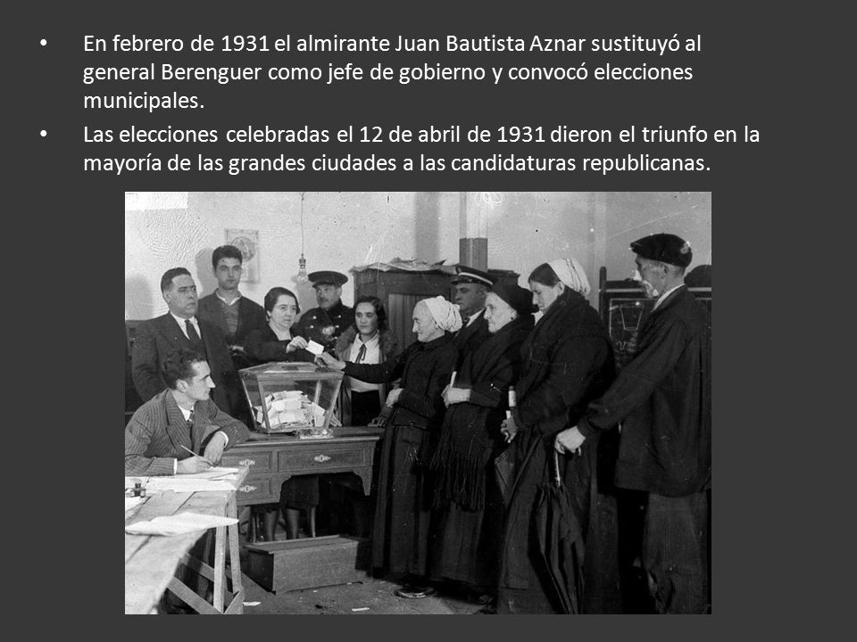 En febrero de 1931 el almirante Juan Bautista Aznar sustituyó al general Berenguer como jefe de gobierno y convocó elecciones municipales.