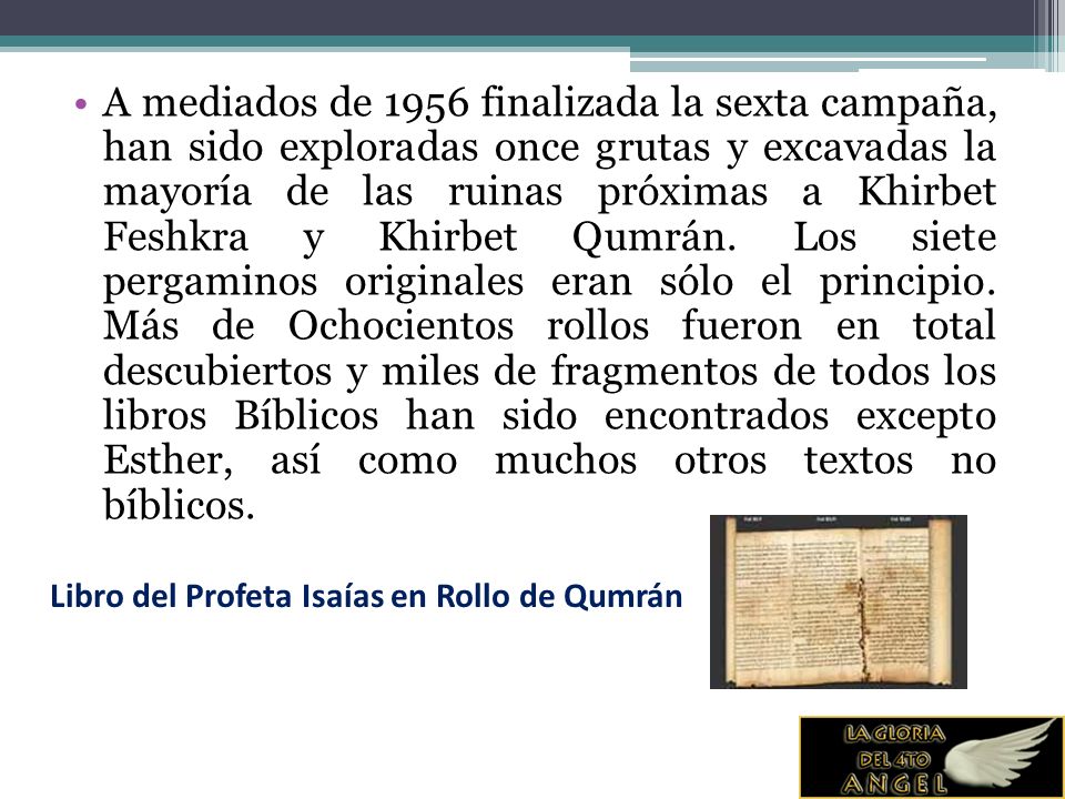 A mediados de 1956 finalizada la sexta campaña, han sido exploradas once grutas y excavadas la mayoría de las ruinas próximas a Khirbet Feshkra y Khirbet Qumrán. Los siete pergaminos originales eran sólo el principio. Más de Ochocientos rollos fueron en total descubiertos y miles de fragmentos de todos los libros Bíblicos han sido encontrados excepto Esther, así como muchos otros textos no bíblicos.