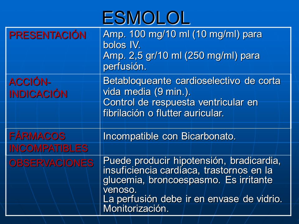 ESMOLOL PRESENTACIÓN Amp. 100 mg/10 ml (10 mg/ml) para bolos IV.