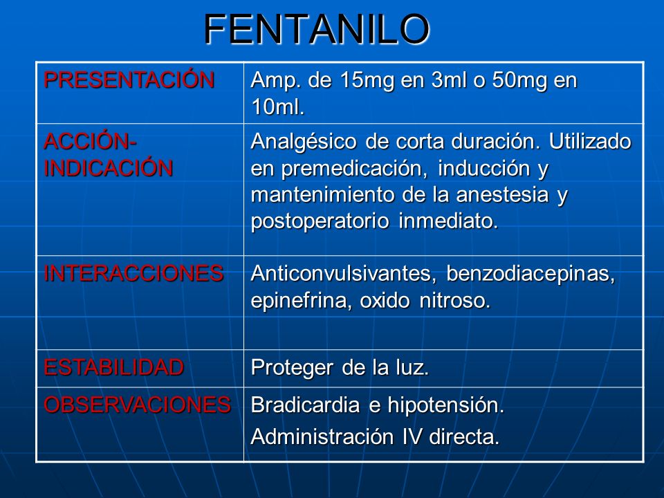 FENTANILO PRESENTACIÓN Amp. de 15mg en 3ml o 50mg en 10ml.