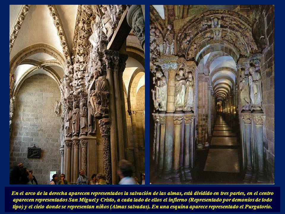 En el arco de la derecha aparecen representados la salvación de las almas, está dividido en tres partes, en el centro aparecen representados San Miguel y Cristo, a cada lado de ellos el infierno (Representado por demonios de todo tipo) y el cielo donde se representan niños (Almas salvadas).
