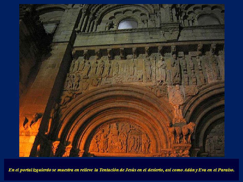 En el portal izquierdo se muestra en relieve la Tentación de Jesús en el desierto, así como Adán y Eva en el Paraíso.