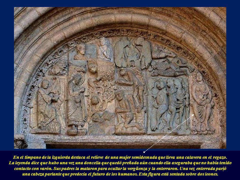 En el tímpano de la izquierda destaca el relieve de una mujer semidesnuda que lleva una calavera en el regazo.