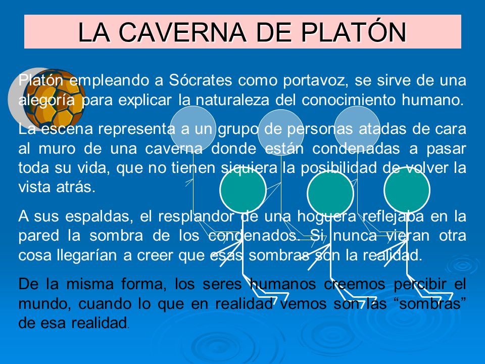 LA CAVERNA DE PLATÓN Platón empleando a Sócrates como portavoz, se sirve de una alegoría para explicar la naturaleza del conocimiento humano.