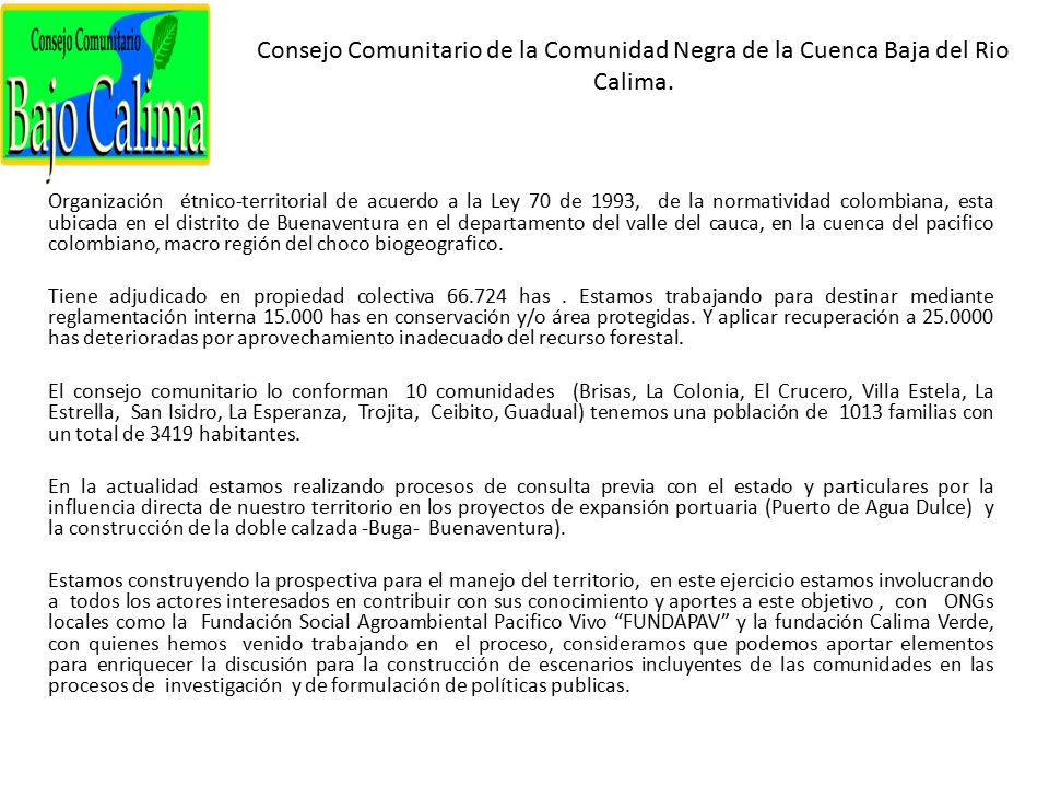 Consejo Comunitario de la Comunidad Negra de la Cuenca Baja del Rio Calima.