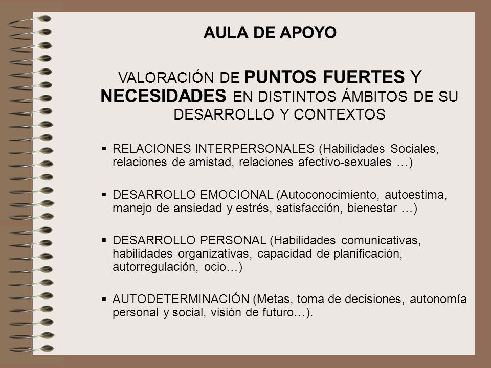 AULA DE APOYO VALORACIÓN DE PUNTOS FUERTES Y NECESIDADES EN DISTINTOS ÁMBITOS DE SU DESARROLLO Y CONTEXTOS.