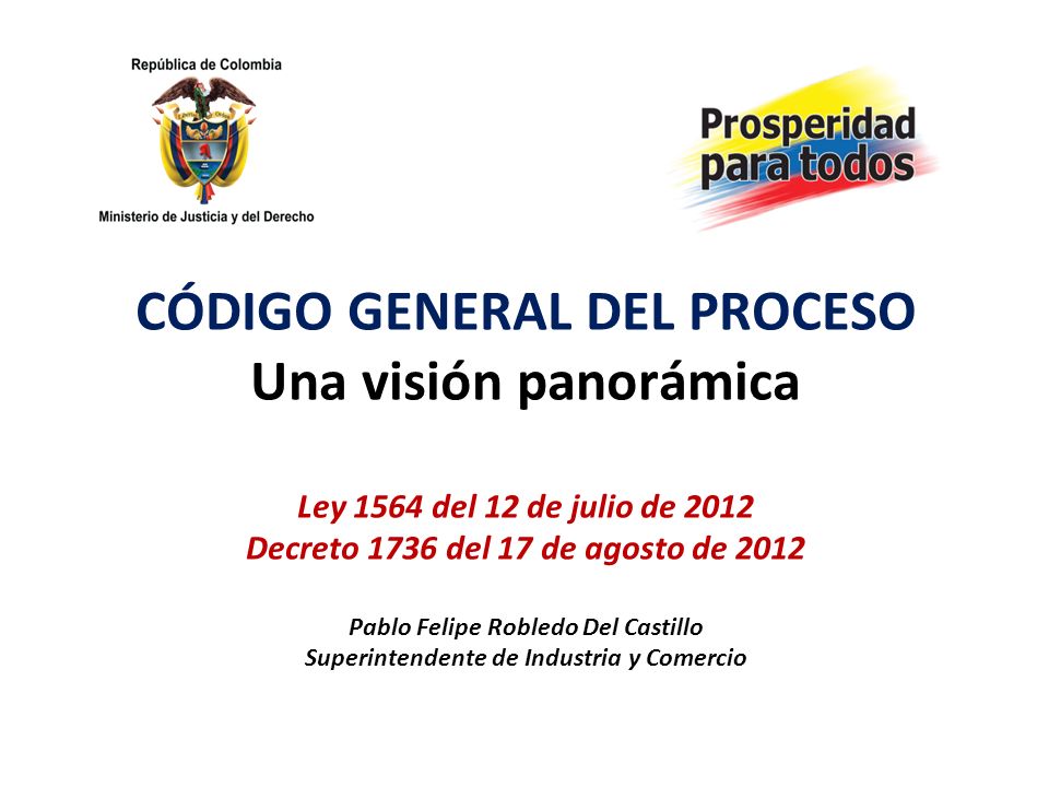 CÓDIGO GENERAL DEL PROCESO Una visión panorámica Ley 1564 del 12 de julio de 2012 Decreto 1736 del 17 de agosto de 2012 Pablo Felipe Robledo Del Castillo Superintendente de Industria y Comercio
