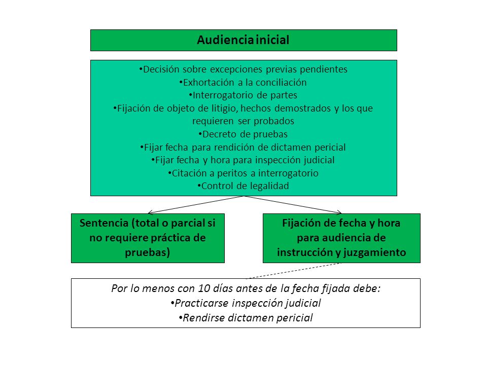 Audiencia inicial Decisión sobre excepciones previas pendientes. Exhortación a la conciliación. Interrogatorio de partes.