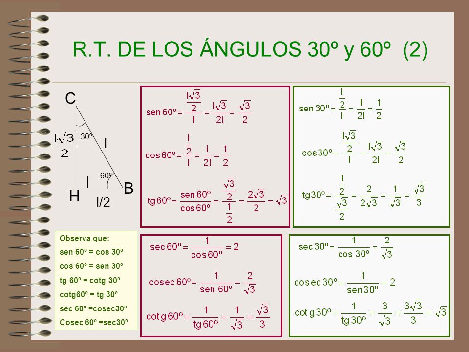 R.T. DE LOS ÁNGULOS 30º y 60º (2) C B H l l/2 30º 60º Observa que: