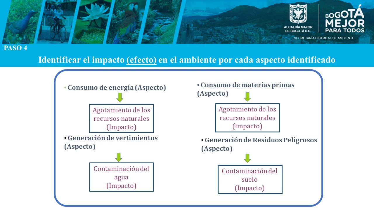 PASO 4 Identificar el impacto (efecto) en el ambiente por cada aspecto identificado. Consumo de materias primas (Aspecto)
