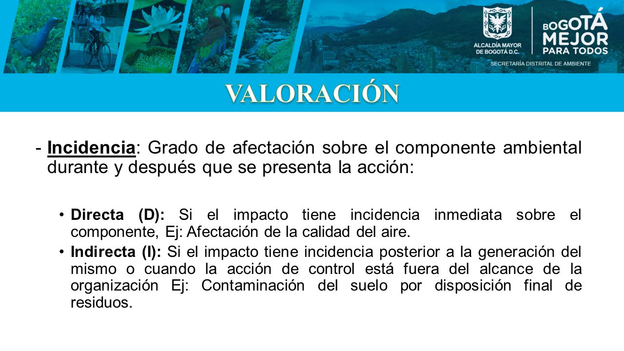 VALORACIÓN Incidencia: Grado de afectación sobre el componente ambiental durante y después que se presenta la acción: