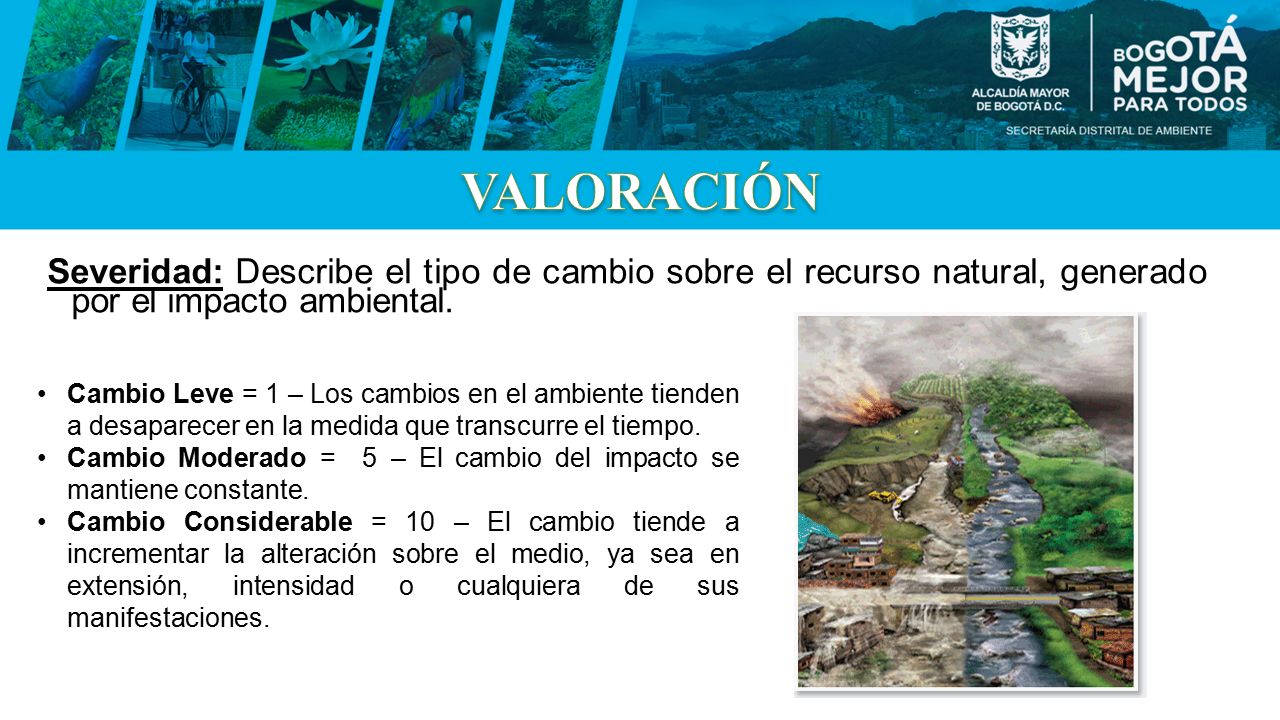 VALORACIÓN Severidad: Describe el tipo de cambio sobre el recurso natural, generado por el impacto ambiental.