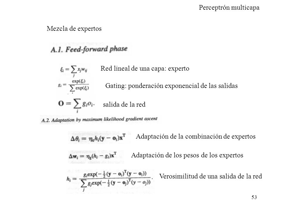 Mezcla de expertos Red lineal de una capa: experto. Gating: ponderación exponencial de las salidas.