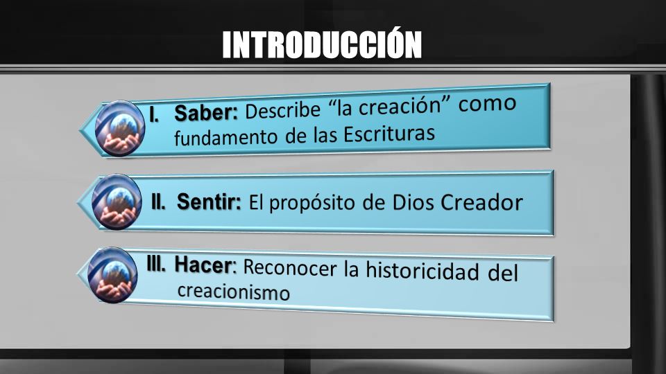 INTRODUCCIÓN I. Saber: Describe la creación como fundamento de las Escrituras. II. Sentir: El propósito de Dios Creador.