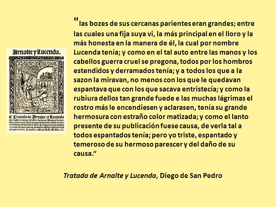 las bozes de sus cercanas parientes eran grandes; entre las cuales una fija suya vi, la más principal en el lloro y la más honesta en la manera de él, la cual por nombre Lucenda tenía; y como en el tal auto entre las manos y los cabellos guerra cruel se pregona, todos por los hombros estendidos y derramados tenía; y a todos los que a la sazon la miravan, no menos con los que le quedavan espantava que con los que sacava entristecía; y como la rubiura dellos tan grande fuede e las muchas lágrimas el rostro más le encendiesen y aclarasen, tenía su grande hermosura con estraño color matizada; y como el lanto presente de su publicación fuese causa, de verla tal a todos espantados tenía; pero yo triste, espantado y temeroso de su hermoso parescer y del daño de su causa.