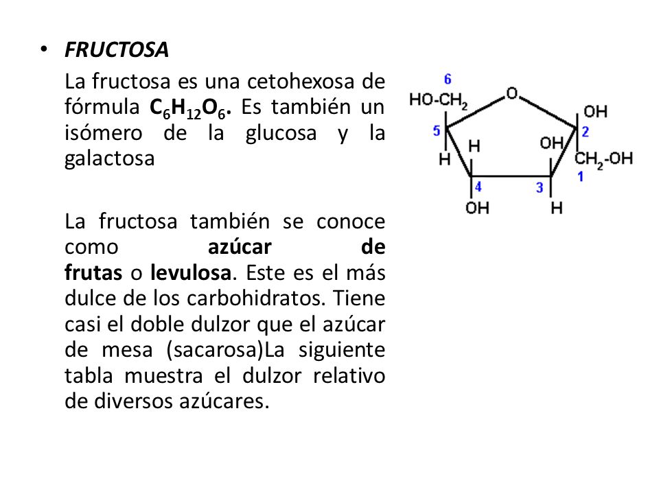 FRUCTOSA La fructosa es una cetohexosa de fórmula C6H12O6. Es también un isómero de la glucosa y la galactosa.