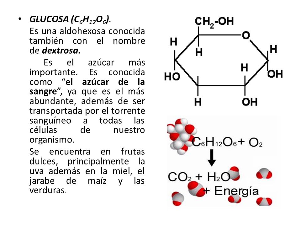 GLUCOSA (C6H12O6). Es una aldohexosa conocida también con el nombre de dextrosa.