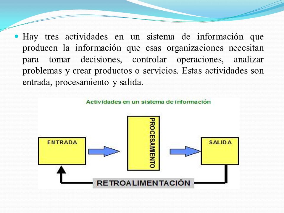 Hay tres actividades en un sistema de información que producen la información que esas organizaciones necesitan para tomar decisiones, controlar operaciones, analizar problemas y crear productos o servicios.