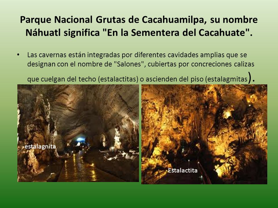 Parque Nacional Grutas de Cacahuamilpa, su nombre Náhuatl significa En la Sementera del Cacahuate .