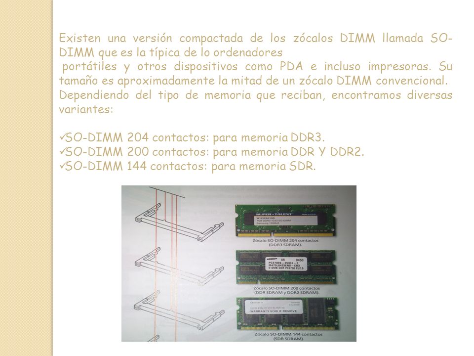 Existen una versión compactada de los zócalos DIMM llamada SO-DIMM que es la típica de lo ordenadores