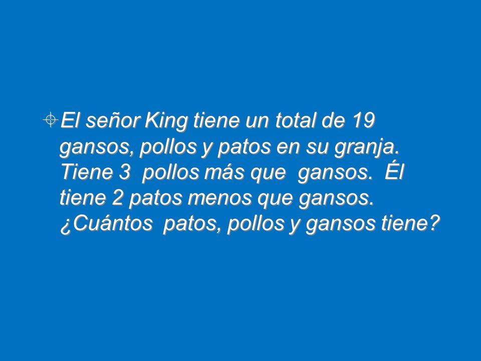 El señor King tiene un total de 19 gansos, pollos y patos en su granja