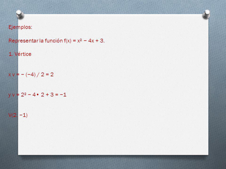 Ejemplos: Representar la función f(x) = x² − 4x Vértice. x v = − (−4) / 2 = 2. y v = 2² − 4• = −1.