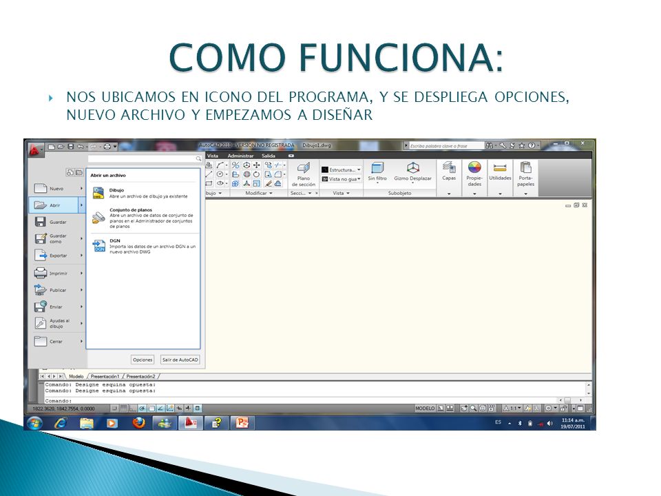 COMO FUNCIONA: NOS UBICAMOS EN ICONO DEL PROGRAMA, Y SE DESPLIEGA OPCIONES, NUEVO ARCHIVO Y EMPEZAMOS A DISEÑAR.