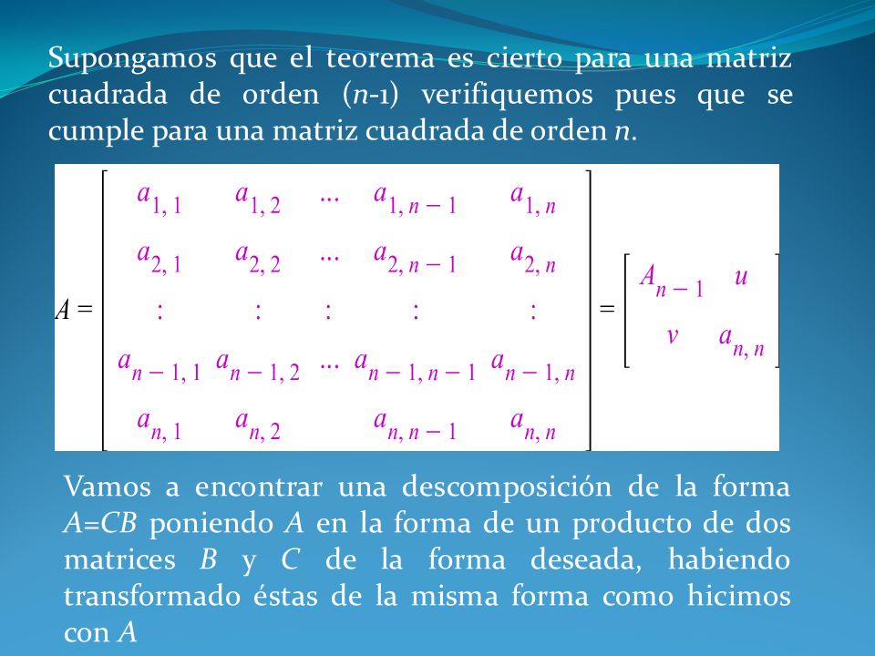 Supongamos que el teorema es cierto para una matriz cuadrada de orden (n-1) verifiquemos pues que se cumple para una matriz cuadrada de orden n.