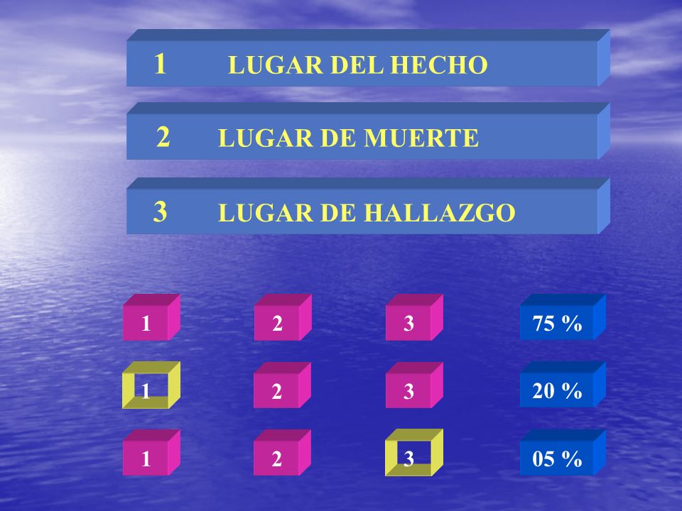 2 LUGAR DE MUERTE 1 LUGAR DEL HECHO 3 LUGAR DE HALLAZGO % 1 2
