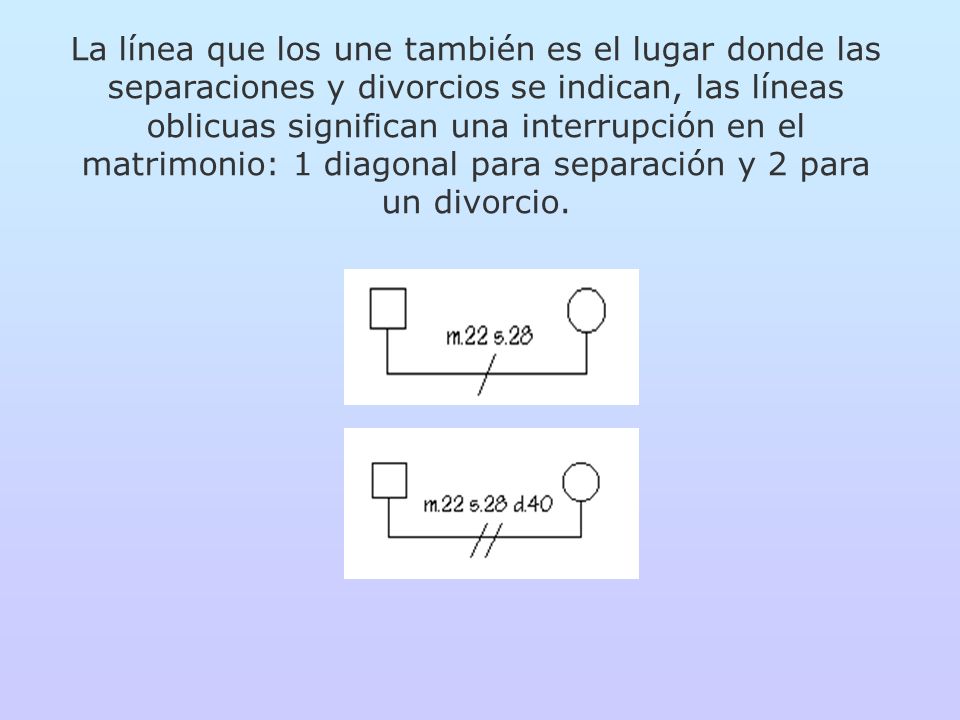 La línea que los une también es el lugar donde las separaciones y divorcios se indican, las líneas oblicuas significan una interrupción en el matrimonio: 1 diagonal para separación y 2 para un divorcio.