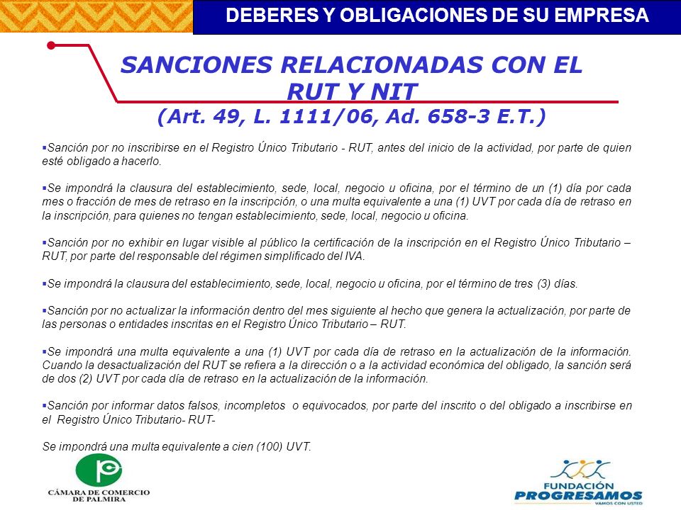 SANCIONES RELACIONADAS CON EL RUT Y NIT (Art. 49, L. 1111/06, Ad