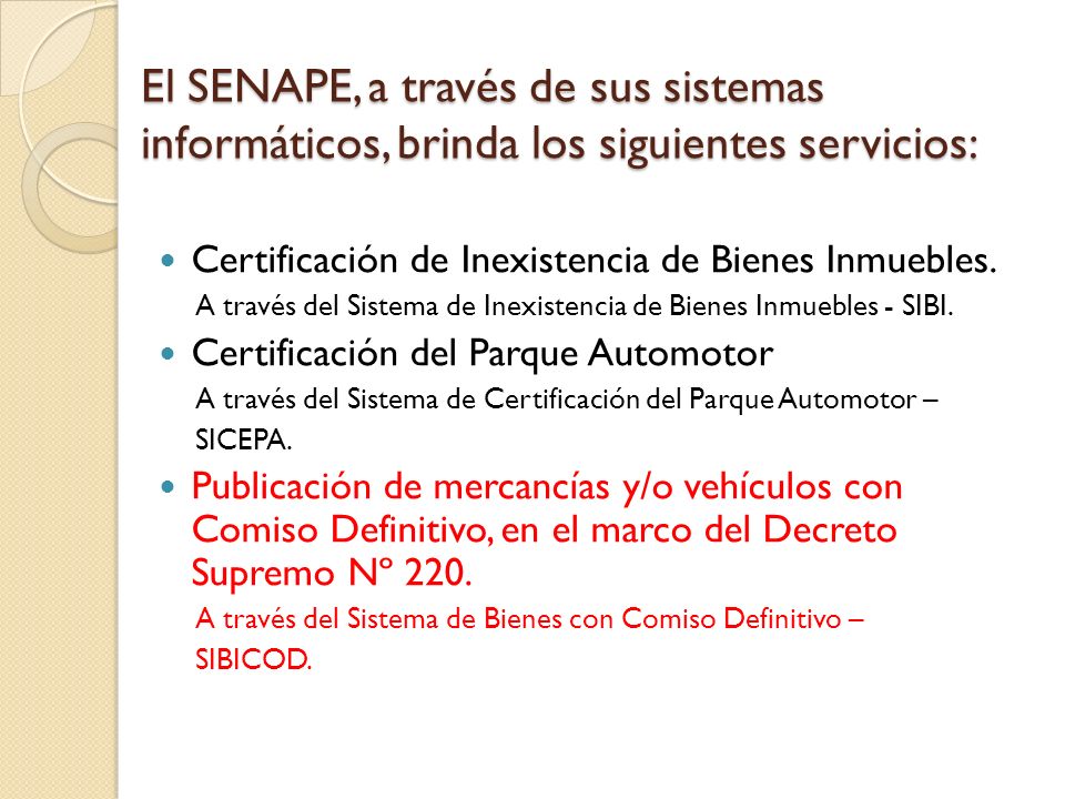 El SENAPE, a través de sus sistemas informáticos, brinda los siguientes servicios: