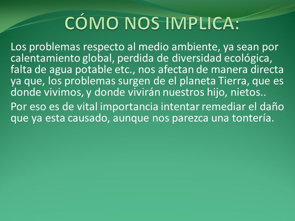 Los problemas respecto al medio ambiente, ya sean por calentamiento global, perdida de diversidad ecológica, falta de agua potable etc., nos afectan de manera directa ya que, los problemas surgen de el planeta Tierra, que es donde vivimos, y donde vivirán nuestros hijo, nietos..