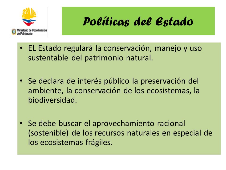 Políticas del Estado EL Estado regulará la conservación, manejo y uso sustentable del patrimonio natural.