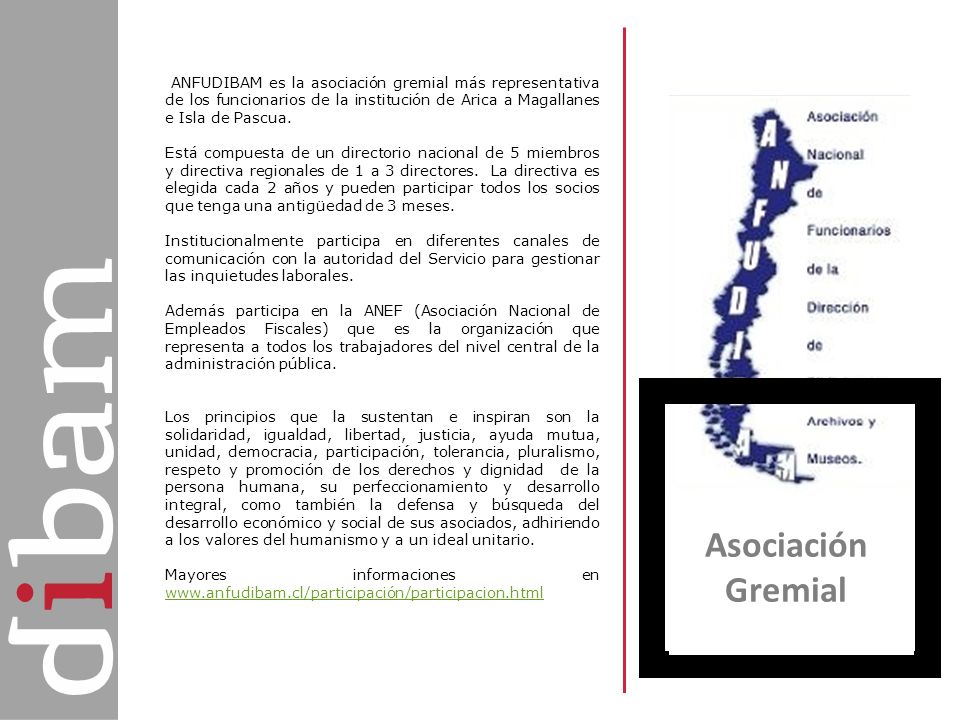 ANFUDIBAM es la asociación gremial más representativa de los funcionarios de la institución de Arica a Magallanes e Isla de Pascua.