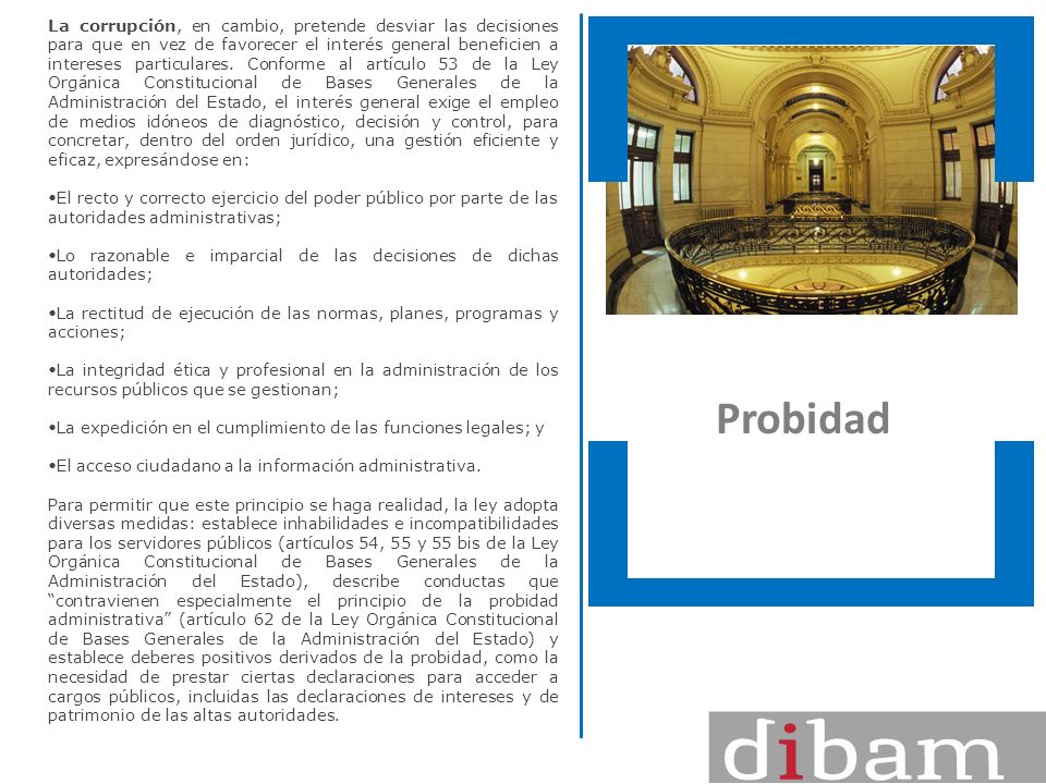 La corrupción, en cambio, pretende desviar las decisiones para que en vez de favorecer el interés general beneficien a intereses particulares. Conforme al artículo 53 de la Ley Orgánica Constitucional de Bases Generales de la Administración del Estado, el interés general exige el empleo de medios idóneos de diagnóstico, decisión y control, para concretar, dentro del orden jurídico, una gestión eficiente y eficaz, expresándose en: