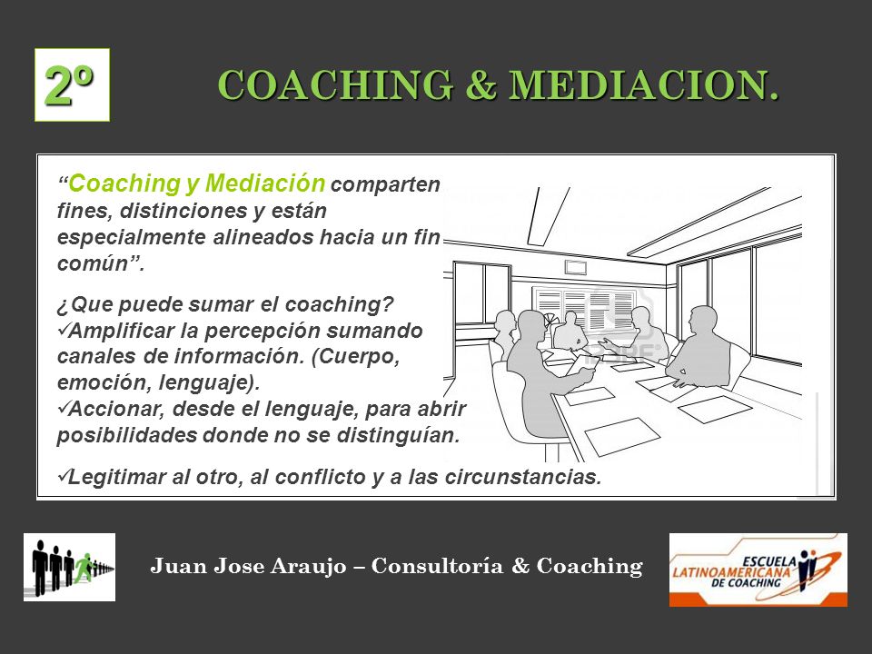 COACHING & MEDIACION. 2º. Coaching y Mediación comparten fines, distinciones y están especialmente alineados hacia un fin común .