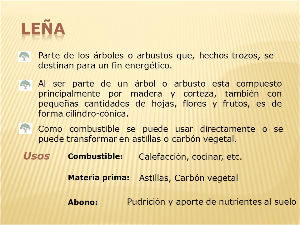 Leña Parte de los árboles o arbustos que, hechos trozos, se destinan para un fin energético.
