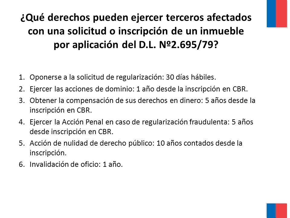 ¿Qué derechos pueden ejercer terceros afectados con una solicitud o inscripción de un inmueble por aplicación del D.L. Nº2.695/79