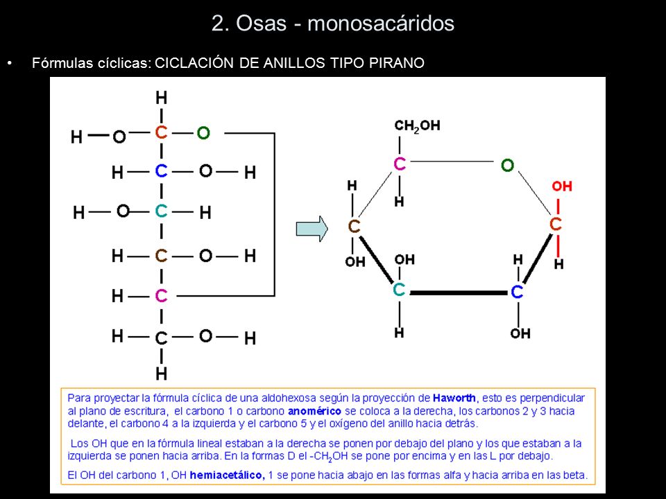 2. Osas - monosacáridos Fórmulas cíclicas: CICLACIÓN DE ANILLOS TIPO PIRANO