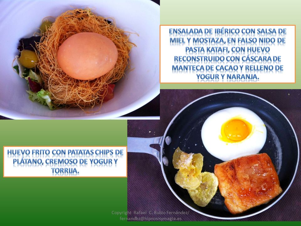 Huevo frito con patatas chips de plátano, cremoso de yogur y torrija.