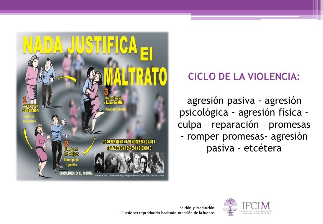 CICLO DE LA VIOLENCIA: agresión pasiva - agresión psicológica - agresión física - culpa – reparación – promesas - romper promesas- agresión pasiva – etcétera