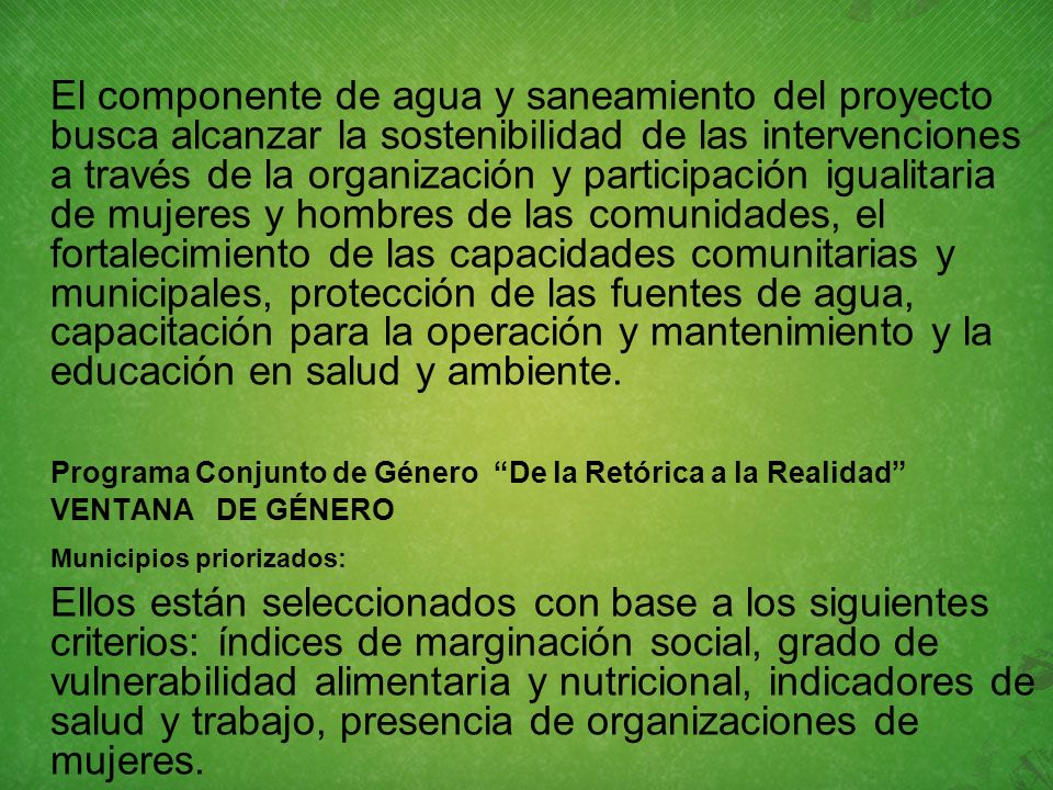 El componente de agua y saneamiento del proyecto busca alcanzar la sostenibilidad de las intervenciones a través de la organización y participación igualitaria de mujeres y hombres de las comunidades, el fortalecimiento de las capacidades comunitarias y municipales, protección de las fuentes de agua, capacitación para la operación y mantenimiento y la educación en salud y ambiente.