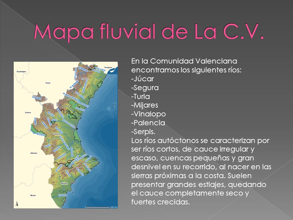 Mapa fluvial de La C.V. En la Comunidad Valenciana encontramos los siguientes ríos: -Júcar. -Segura.