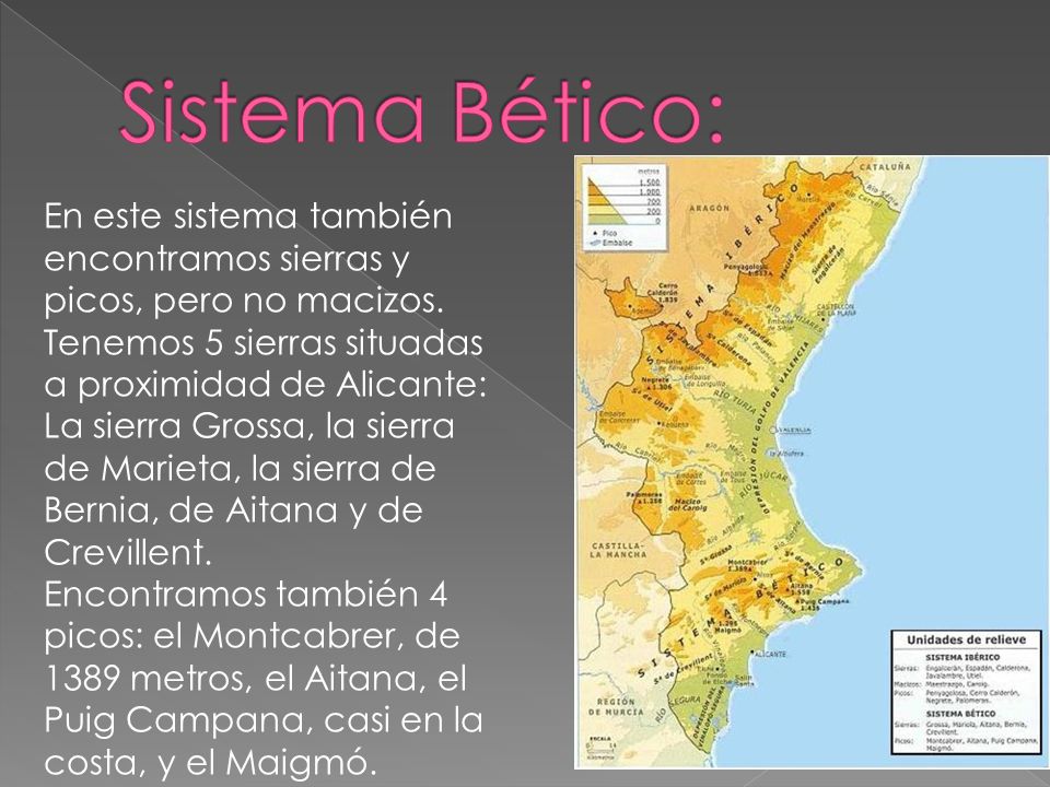 Sistema Bético: En este sistema también encontramos sierras y picos, pero no macizos.