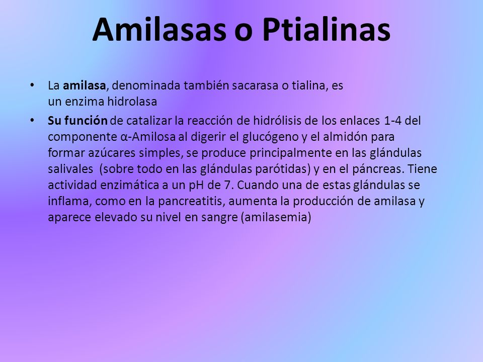 Amilasas o Ptialinas La amilasa, denominada también sacarasa o tialina, es un enzima hidrolasa